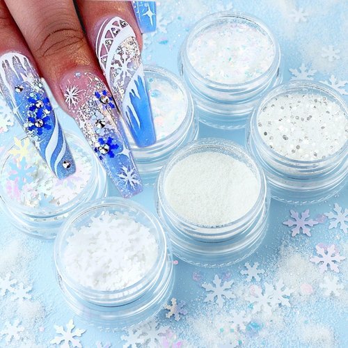 White Nail Glitter Powder Snowflakes Nail Sequins 6 Jars Winter Snowflakes Nail Art Flakes Powder Kit for Acrylic Christmas Nails Decorations DIY Crafts