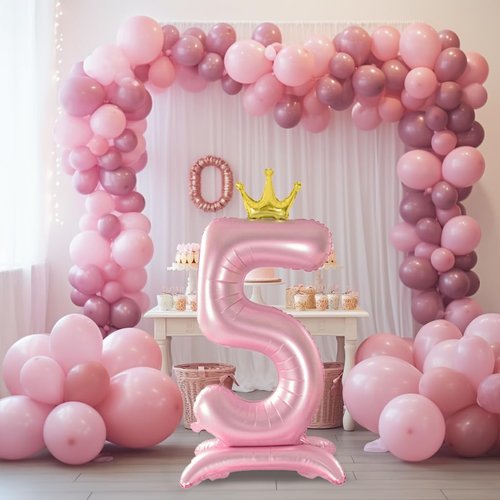Eoopoon 42 Inch Crown Pink Number Balloon, Number 1 Balloon with Base for Girls 1th Birthday Party Decoration, Anniversary Decor Theme Party Supplies (Pink 1)