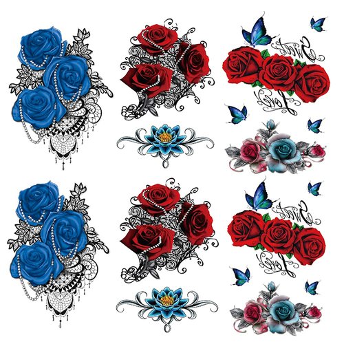 Yesallwas 6 Sheets Rose Temporary Tattoo Sticker Fake Tattoos for Women Models,Waterproof Long Lasting Body Art Makeup Sexy Realistic Arm Tattoos -Rose, Flowers，Jewelry (Blue+Red)