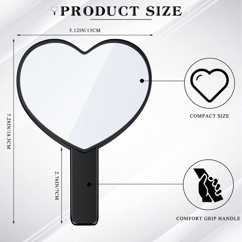 Jetec 2 Pieces Heart-Shaped Handheld Mirrors Travel Makeup Mirrors Mini Cosmetic Mirror with Handle Small Heart Mirrors Decorative Hand Held Mirror for Women Girls Valentine's Day(Black, White)