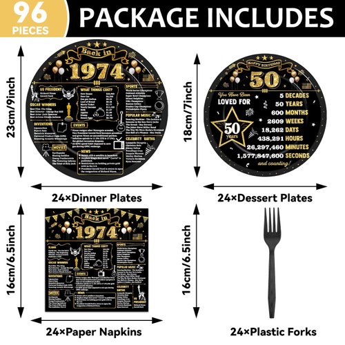 96Pcs 50th Birthday Plates and Napkins Back in 1974 Party Decorations Black Gold 50 Year Old Party Dessert Plates 1974 Birthday Tableware for 24 Guests 50th Theme Men Woman Birthday Party Supplies