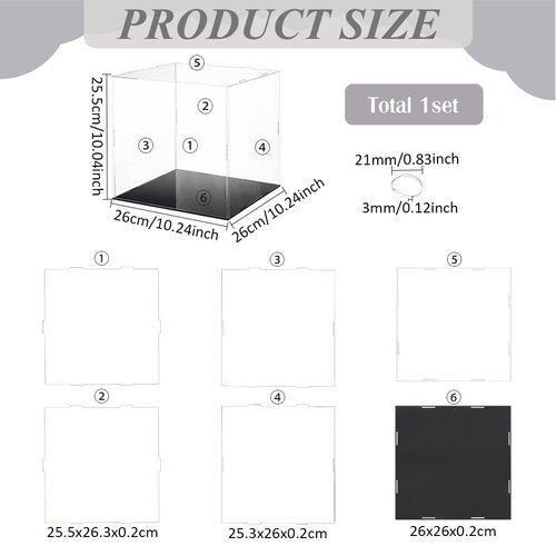FINGERINSPIRE Clear Acrylic Display Case with Black Base & 4 Pcs Rubber Rings 10x10x10 Inch Cube Clear Self-Assembly Acrylic Box Dustproof Protection Showcase for Action Figures Collectibles Toys