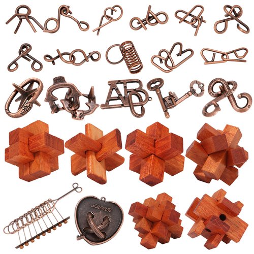 24 Pcs Brain Teaser Puzzles for Adults - Metal Puzzles 3D Puzzle Game Toys for Adults Teens - Wooden Unlock Interlocking Puzzle Adult IQ Education Puzzle Toys Smart Toys
