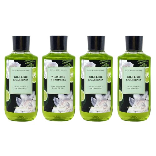 Generic Bath and Body Work Wild Lime & Gardenia Shea + Vitamin E Shower Gel Value Pack - Set of 4, Full Size, Green