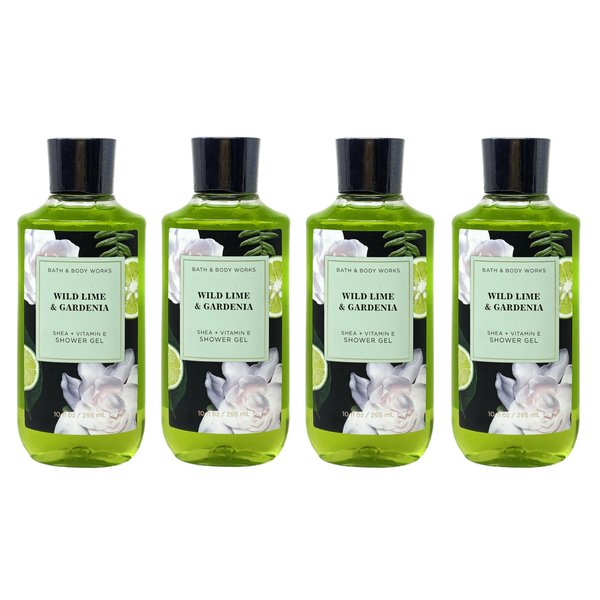 Generic Bath and Body Work Wild Lime & Gardenia Shea + Vitamin E Shower Gel Value Pack - Set of 4, Full Size, Green