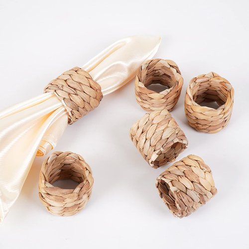 WOHIWO Napkin Rings Set of 6, Farmhouse Napkin Rings Table Decor Handmade by Natural Water Hyacinth, Fall Rustic Napkin Rings for Thanksgiving, Christmas, Wedding Table Decoration