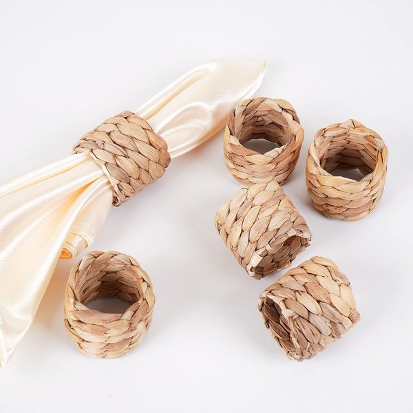 WOHIWO Napkin Rings Set of 6, Farmhouse Napkin Rings Table Decor Handmade by Natural Water Hyacinth, Fall Rustic Napkin Rings for Thanksgiving, Christmas, Wedding Table Decoration