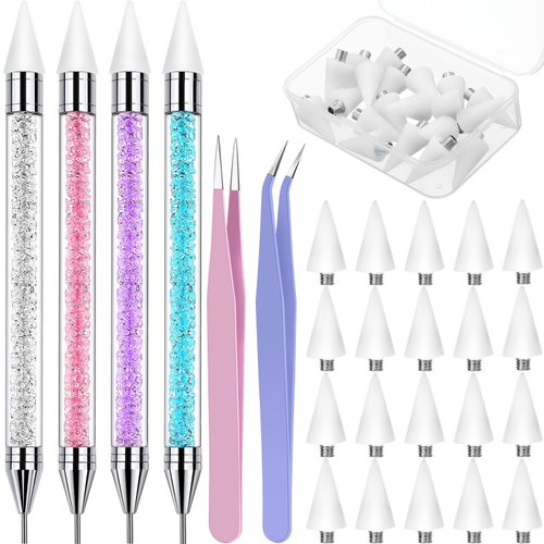 Tatuo 4 Pcs Dual-ended Rhinestone Picker Tool Handle Rhinestones Applicator with 20 Replacement Wax Tips Wax Pencils Painting Dotting Pens with 2 Tweezers for DIY Nail Art Crafts Gems (Elegant Color)