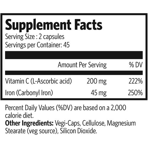 Pure Lab Vitamins | Carbonyl Iron Supplement, 90 Vegi-Caps | Unique Formulation of Metallic Iron with Ascorbic Acid, Superior Bioavailability | Non Constipating | Supports Red Blood Cell Formation