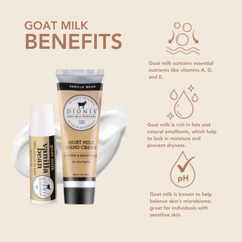 Dionis Goat Milk Skincare Vanilla Bean Scented Hand Cream & Lip Balm Set (1 oz and .28 oz) - Made in the USA - Cruelty-free and Paraben-free