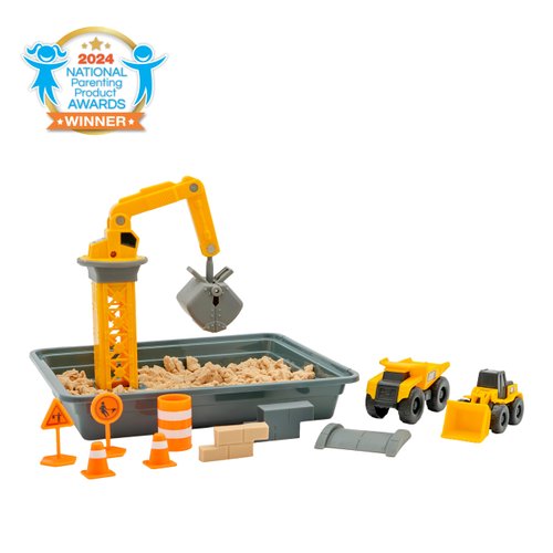 CAT Construction Toys, Dig N' Build Dirt Playset with 12 OZ of Compound - Includes 2 Little Machine Vehicles, Crane, and Storage Container.