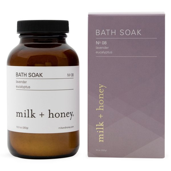 milk + honey Calming Bath Soak No. 8, Moisturizing Epsom Salt Bath Soak with Lavender and Eucalyptus Oils, Soothing and Relaxing Bath Soak, 10 oz