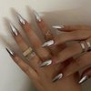 Qsnidy Lustrous Sliver Chrome Press on Nails Medium, Almond Fake Nails Metallic Mirrored Acrylic Nails Glue on, Glossy Stiletto False Nails for Women, Reusable Stick On Nails, 12 Sizes - 24 Nails Kit