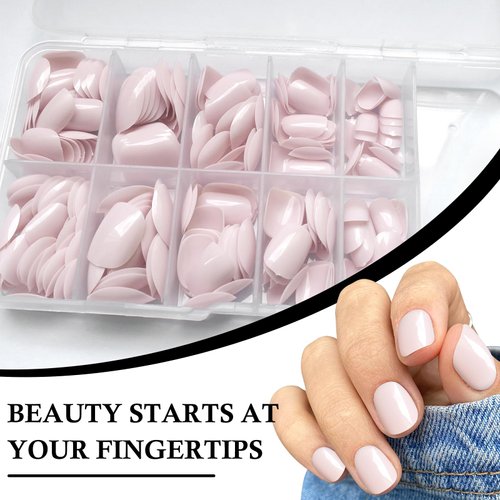 AddFavor Short Press on Nails Short Square Round Fake Nails Glossy Full Cover Acrylic Artificial Glue on Nails for Women, 240pcs/pack Light Pink Nails, Sticky Tabs, Nail File