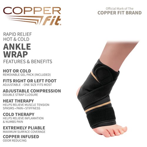 Copper Fit Rapid Relief & Hot/Cold Ankle Foot Wrap with Hot Cold Pack, Black, One Size Fits Most