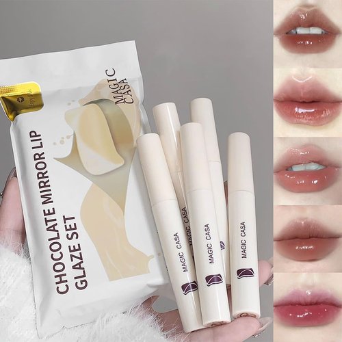 5 Colors Glossy Lipstick, Chocolate Jelly Lip Gloss Set, Watery Liquid Lipstick Set, Tinted Lip Gloss Glass Finish Lip Stain, Mirror lip gloss Hydrating Lip Glosses Lip Glow Oil Set