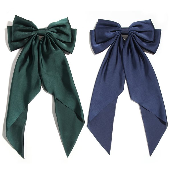 Hair Bows for Women Girls, Green Hair Bows Navy Hair Bows Barrettes Clips for Women Oversized Layered Bows Hair Clip Long Tail Hairpin Hair Barrettes 90's Accessories 2pcs