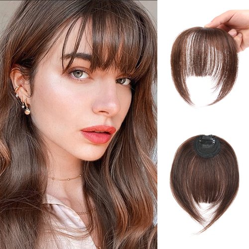 EBENK Clip in Bangs-100% human hair Brown Black Wispy Bangs in hair pieces, Fake Bangs Hair Clip, Easy Hair Extensions for women, Clip on Bangs Curved Bangs for Daily Wear