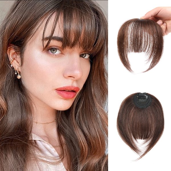 EBENK Clip in Bangs-100% human hair Brown Black Wispy Bangs in hair pieces, Fake Bangs Hair Clip, Easy Hair Extensions for women, Clip on Bangs Curved Bangs for Daily Wear