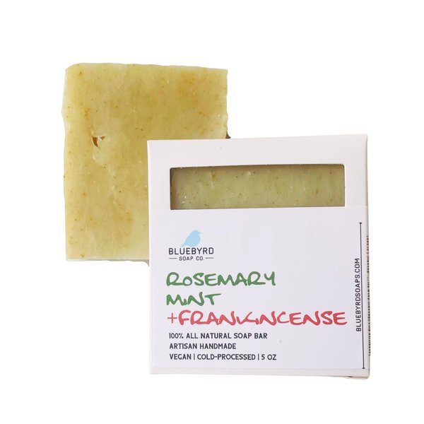 Bluebyrd Soap Co. Rosemary Frankincense + Mint Natural Soap Bar | Herbal Bar Soap -Naturally Scented With Essential Oils | USA Handmade Vegan Face & Body Wash Bar for Women & Men (Rosemary)