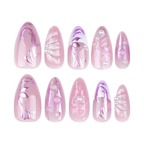 RUOKEXIN Almond Press on Nails Medium Fake Nails Pink False Nails with 3D Pink Flower Designs Nail Press ons French Tip Handmade Acrylic Artificial Nails Summer Natural Stick on Nails for Women 24Pcs