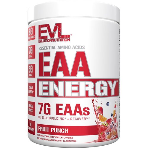 Evlution Nutrition EAA Energy - Pre & Post Workout Powder - Muscle Building & Recovery Supplement - 7g Essential Amino Acids + 5g BCAAs - Clean Energy - with Caffeine - 30 Servings - Fruit Punch