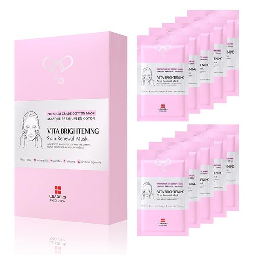 Leaders Insolution | VITA Brightening Skin Renewal Mask | Vitamin C & Niacinamide for Dark Spot Reduction and Luminous Glow | 100% Natural Cotton Sheet for Dull Skin (10 Sheets)