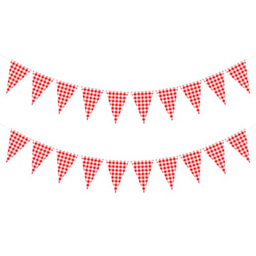 VILIFEVER 2 Pieces Red and White Checkered Banner, Double Sided Red Gingham Pennant Banner for BBQ Picnic Theme Baby Shower Birthday Party Decorations Supplies