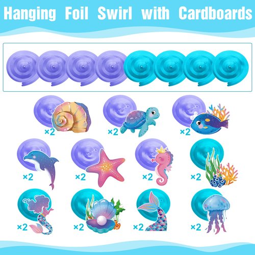 52 Pcs Mermaid Hanging Swirl Mermaid Party Ceiling Streamers Decorations for Mermaid Birthday Party Ocean Theme Party Under The Sea Party Jellyfish Party Baby Shower Supplies