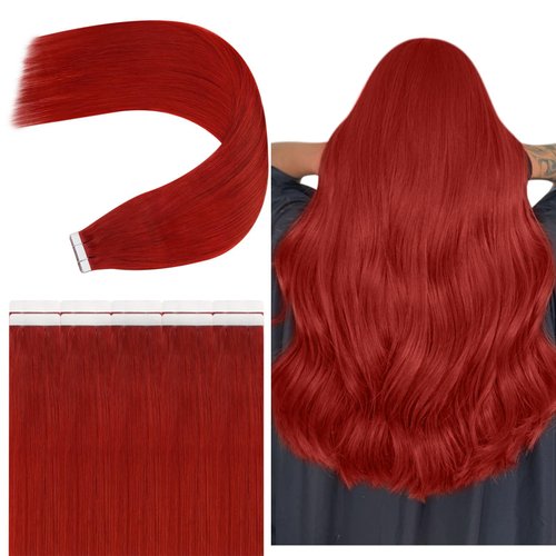 JoYoung Red Human Hair Tape in Extensions Red Hair Extensions Tape in Red Tape ins Real Human Hair Red Tape Natural Hair Extensions Colorful Invisible Tape on Hair Extension for Cosplay 16In 25G 10Pcs