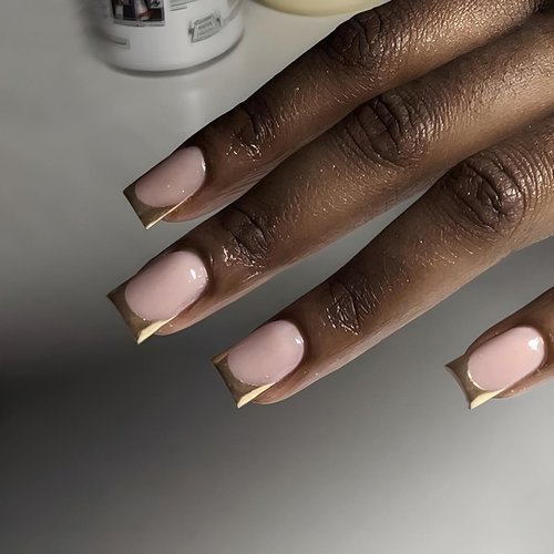 24 Pcs Nude Pink Press on Nails Short Square - SHANRUN Gold French Cute Fake Nails Press ons Nail Art Tips Glue on Nails Full Cover Artificial Acrylic Summer False Nails Stick on Nails Kit for Women