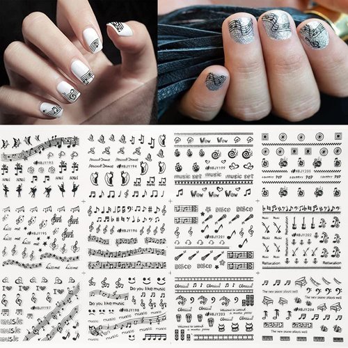 Musical Instrument Series Nail Art Stickers, Musical Notes Nail Decals 3D Self-Adhesive Guitar Erhu Piano keys Microphone Musical Notes Nail Design Manicure Tips Nail Decoration for Women Girls Kids(12 Sheets)