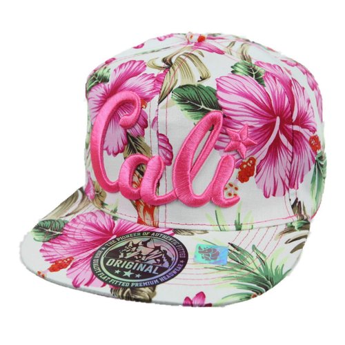 CALI Baseball Cap Snapback Hawaiian Hat Floral Fashion Casual Flat Bill Tropical (White/Pink)