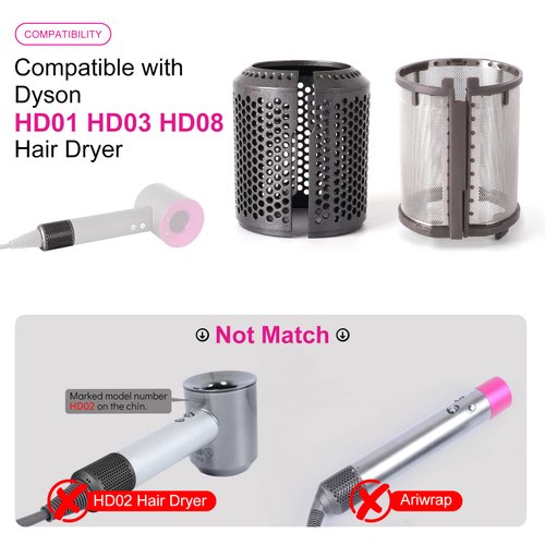Hair Dryer Inner Filter + Outer Filter Cage Replacement for Dyson Hair Dryer HD01 HD03 HD08 Models, Hair Dryer Filter Mesh Filter Cover Cap Replacement Parts (Metallic Grey)