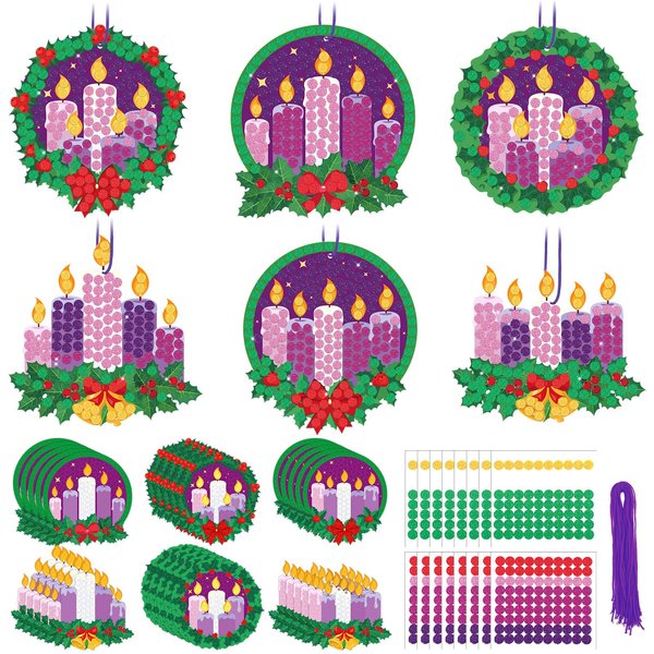 Baderke 30 Sets Christmas Advent Craft Kit for Kids Make Your Own Glitter Mosaic Advent Candle Craft DIY Glitter Mosaic Christmas Advent Wreath Ornament Craft for Christmas Fun Home Activities