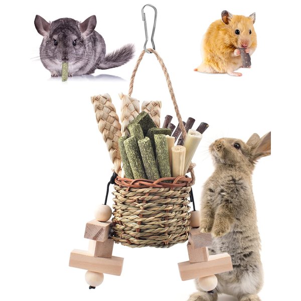 Bissap Rabbit Chew Toys, Natural Seagrass Hanging Basket Chews Water Plant Woven Bunny Chewing Treats for Guinea Pigs Chinchillas Hamsters Rats and Other Small Pets Teeth Grinding Toy