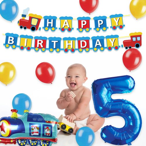 JOPARY Train 5th Birthday Decorations Boys Train, 5 Years Old Birthday Party Supplies With Number 5 Foil Balloons Train Birthday Banner,Latex Balloons For Kids Train Birthday Party Decoration