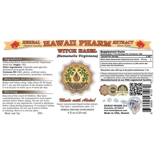 HawaiiPharm Witch Hazel Liquid Extract, Witch Hazel (Hamamelis Virginiana) Tincture, Herbal Supplement, Made in USA, 4 fl.oz