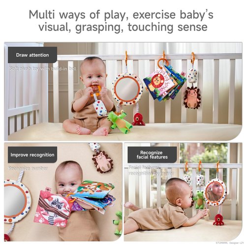 TUMAMA Car Seat Toys 3 6 9 12 Months, Plush Animal Rattle Mirror Soft Crinkle Book Baby Enlightenment Toy Set, Newborn Crib Stroller Play Gym Hanging Toys