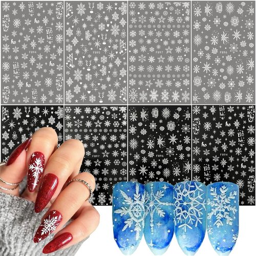 8PCS Snowflake Nail Art Stickers White Glitter Snow Nail Design 3D Self Adhesive Nail Decals Snowflakes Sticker for Nails Art Accessories Shiny Decal Manicure Winter New Year Christmas Nail Decoration