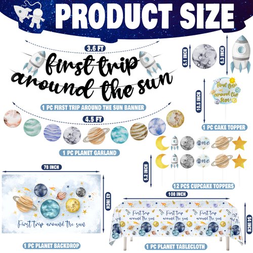 First Trip Around The Sun Birthday Party Decoration Pack, 1st Baby Shower Space Birthday Party Supplies Including Banner, Backdrop, Garland, Tablecloth, Felt Hat, Honeycomb, Cake Toppers, Latex and