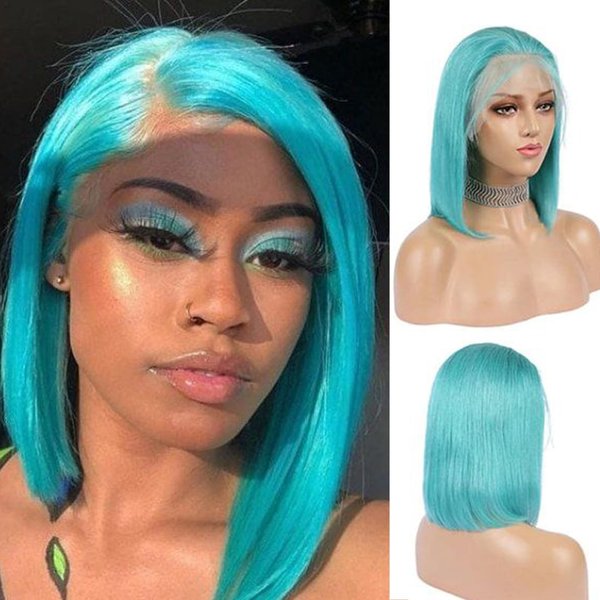 OiMiGO HD Lace Bob Wig Human Hair 13x4 Straight Bob Lace Front Wigs Human Hair Pre Plucked with Baby Hair,Short Bob Glueless Transparent Lace Frontal Wigs for Women,Lack Blue(10Inch)