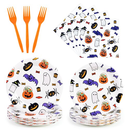 96PCS Happy Halloween Paper Plates and Napkins Set, Halloween Theme Party Decorations Set Include Paper Plates, Napkins, Forks Disposable Tableware Supplies for Kids Halloween Party, Serves 24