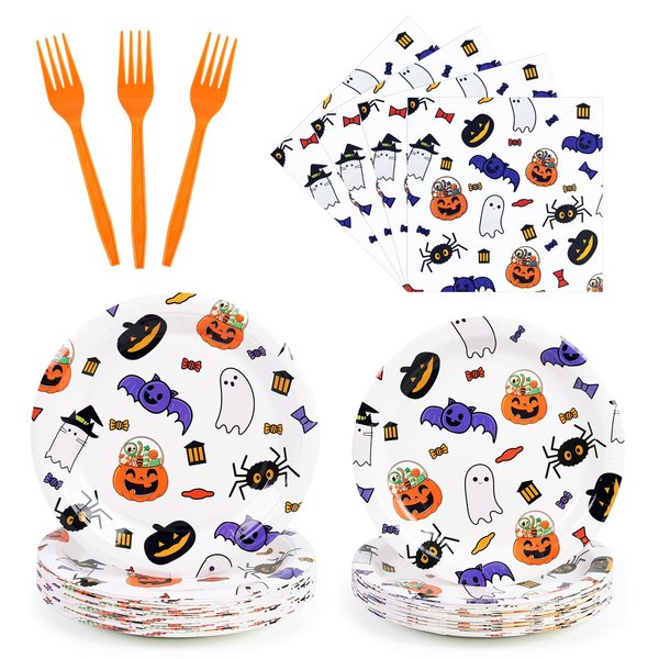 96PCS Happy Halloween Paper Plates and Napkins Set, Halloween Theme Party Decorations Set Include Paper Plates, Napkins, Forks Disposable Tableware Supplies for Kids Halloween Party, Serves 24