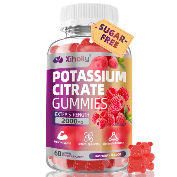 Potassium Citrate Gummies 2000mg, High Potency Electrolyte Gummies, Potassium Supplement with Magnesium glycinate, Zinc, Vitamin C D3 K2, for Electrolyte Balance, Leg Cramps, Muscle Support, 60 Chews