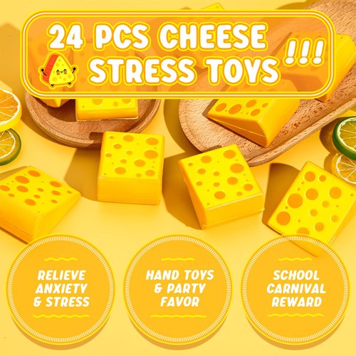 Libima 24 Pcs 2.3 Inch Cheese Stress Toys Foam Cheese Stretchy Toy Party Favors Stress Relief Artificial Cheese Models Kitchen Miniature for Kids Adults Stress Relief, Dollhouse Kitchen Decor DIY