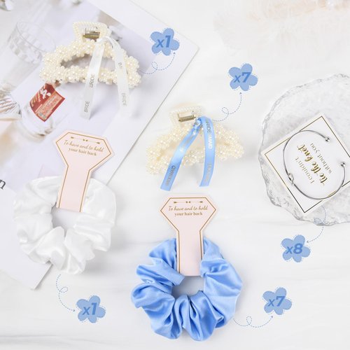 DEEKA 24 Pcs Bridesmaid Gifts Set Pearl Hair Claw Clips & Tie the Knot Bridesmaid Bracelet & Satin Scrunchies Proposal Gift Box Bridal Party Gift Bachelorette Party Favors (White&Blue)