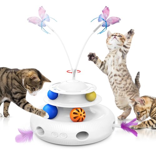 Cat Toys, 4-in-1 Rechargeable Automatic Interactive Cat Toy with Fluttering Butterfly, Random Moving Ambush Feather, Two-Tier Track Balls, 5H Smart Standby, Touch-Activated (White)
