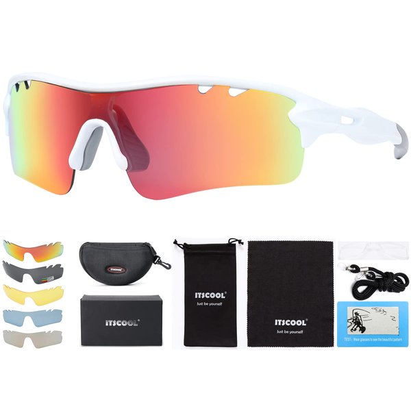 ITSCOOL Polarized Sports Sunglasses with 5 Interchangeable Lenses for Men Women Softball Baseball Pickleball Cycling Glasses White Orange