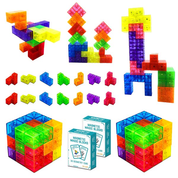 OUXIA Magnetic Building Blocks Magic Magnetic 3D Puzzle Cubes, Set of 7 Multi Shapes Magnetic Blocks with 54 Guide Cards,Parent-Child Interactive Children's Educational Toys (14color)